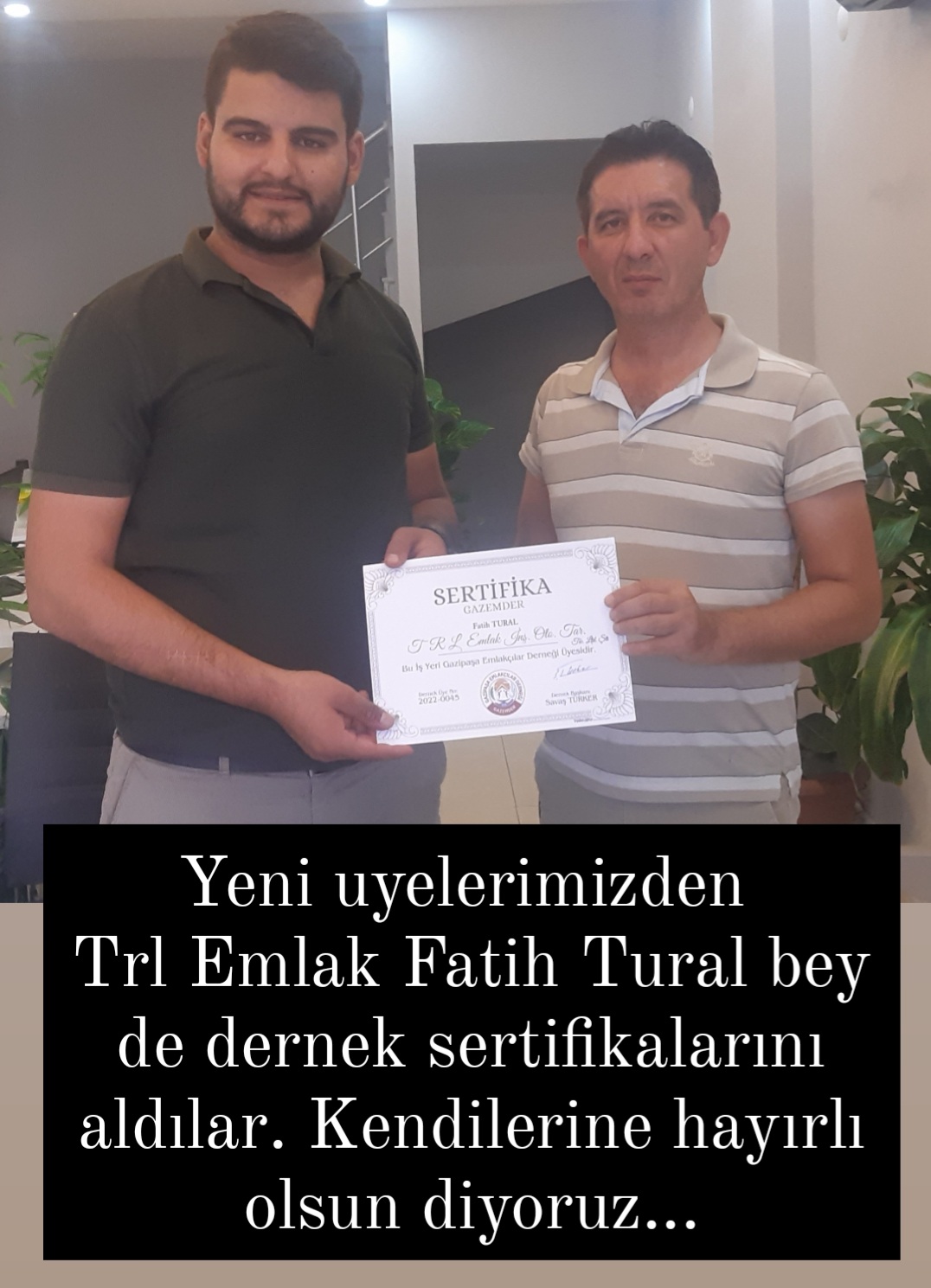 TRL EMLAK İNŞAAT FATİH BEY'E SERTİFİKALARINI VERDİK